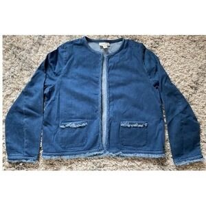Appleseed's Womens Medium Wash Denim Jacket Braided Fringe Trim Open Front M